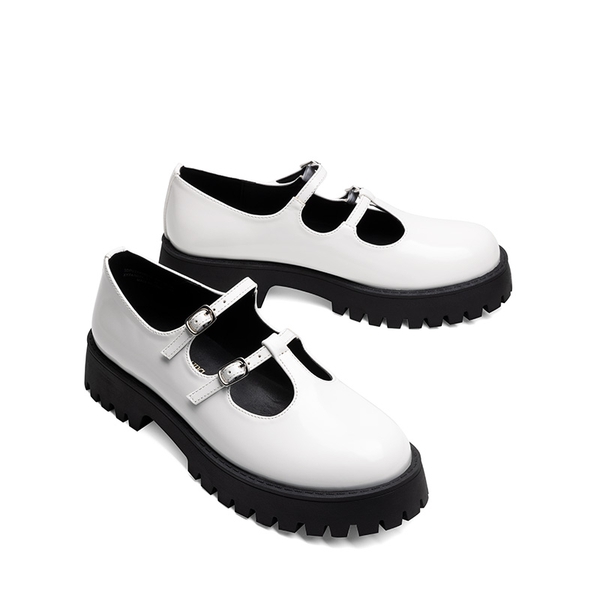 Double-strap Mary Jane Chunky Pumps - WHITE-PU - 4